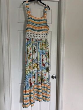 Printed Crochet-Trim Midi Skirt in White, Blue & Yellow